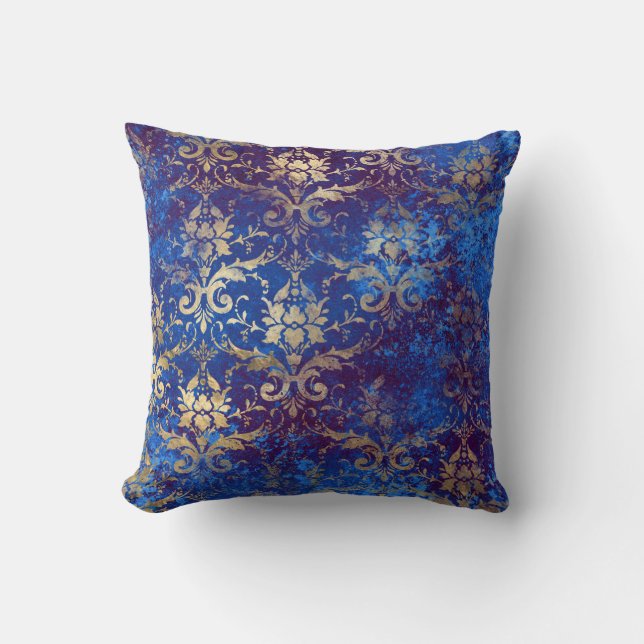 Gold Scroll Work Flowers op Blue Kussen (Voorkant)