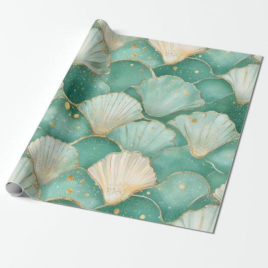 Gold Sea Shell Wave Pattern in Aqua Teal Cadeaupapier (Uitgerold)