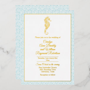 Gold Seahorse with Aqua Lijst Wedding Folie Uitnodiging