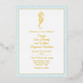 Gold Seahorse with Aqua Lijst Wedding Folie Uitnodiging (Voorkant)