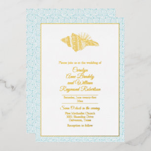 Gold Seashell met Aqua Lijst Wedding Folie Uitnodiging