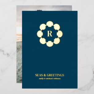 Gold Seashell met Zeeen en groeten Foto Folie Feestdagenkaart