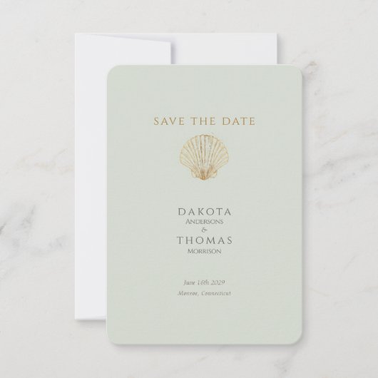 Gold Seashell Mute Sage Wedding Save the Date (Voorkant)