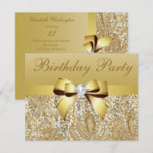 Gold Sequins, Bow & Diamond Birthday Party Kaart (Voorkant / Achterkant)