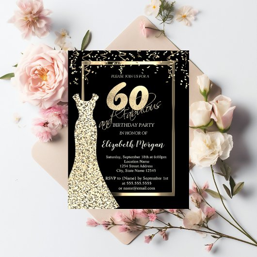 Gold Sequins Dress Black 60th Birthday Invitation Kaart