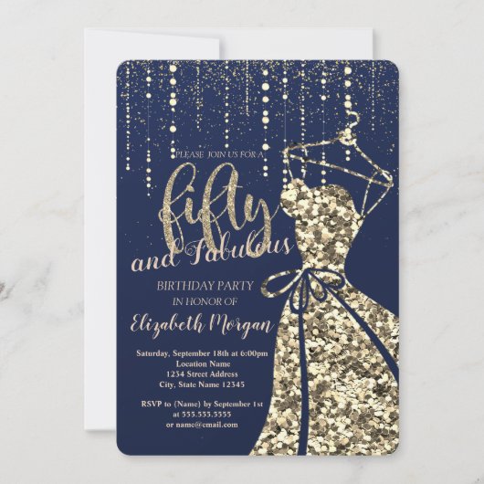Gold Sequins Dress Navy Blue 50th Birthday Party Kaart (Voorkant)