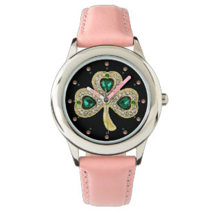 GOLD SHAMROCK JEWEL EMERALD GREEN HEARTS, Gemstene Horloge