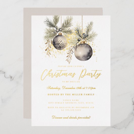 Gold Shimmer Baubles Kerstfeest Folie Uitnodiging (Voorkant / Achterkant)