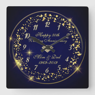 Gold Shiny Confetti, Blue 50th Wedding Jubileum Vierkante Klok