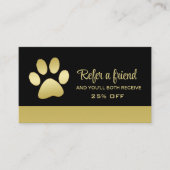 Gold Shiny Dog Paw op Black Pet Grooming Service Aanbevelingskaartje (Voorkant)