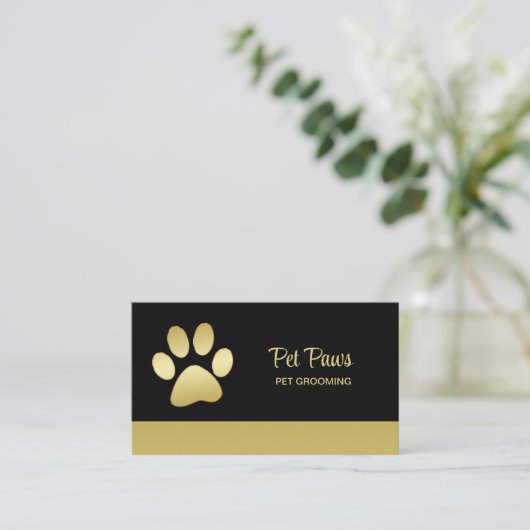 Gold Shiny Dog Paw op Black Pet Grooming Service Afsprakenkaartje (Staand voorkant)