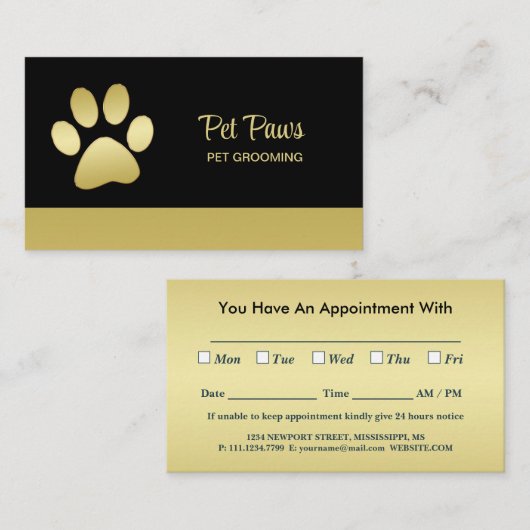 Gold Shiny Dog Paw op Black Pet Grooming Service Afsprakenkaartje (Voorkant / Achterkant)