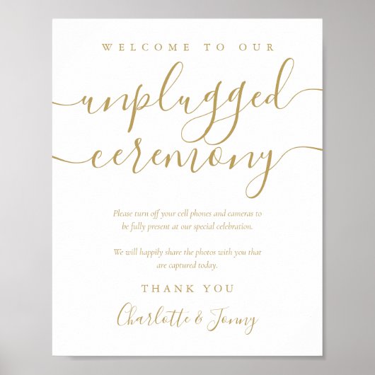 Gold Signature Script Unplugged Ceremony Sign Poster (Voorkant)