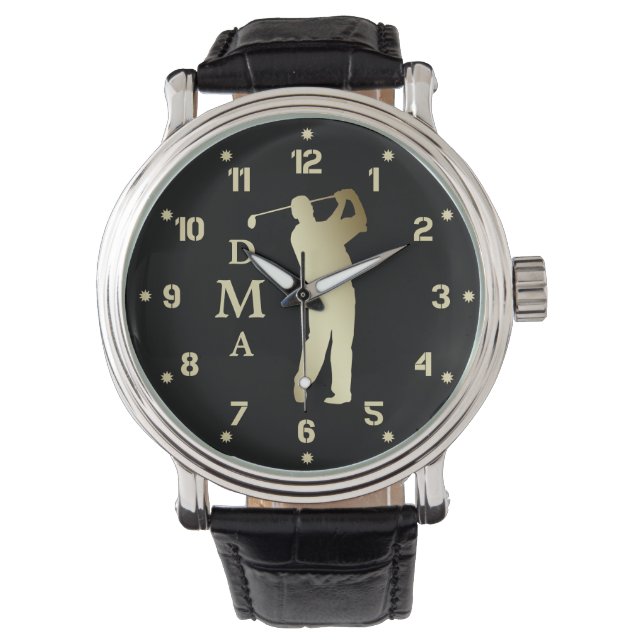 Gold Silhouette Golfer Monogram Horloge (Voorkant)