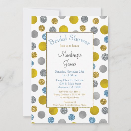 Gold Silver Blue Dots Bridal Douche Invitation (Devant)