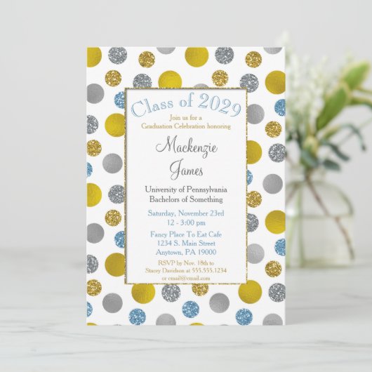 Gold Silver Blue Dots Graduation Invitation (Debout devant)