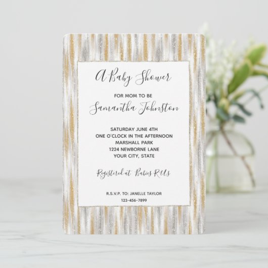 Gold Silver Chic Glam Glitzy Stripes Baby Shower Kaart (Staand voorkant)