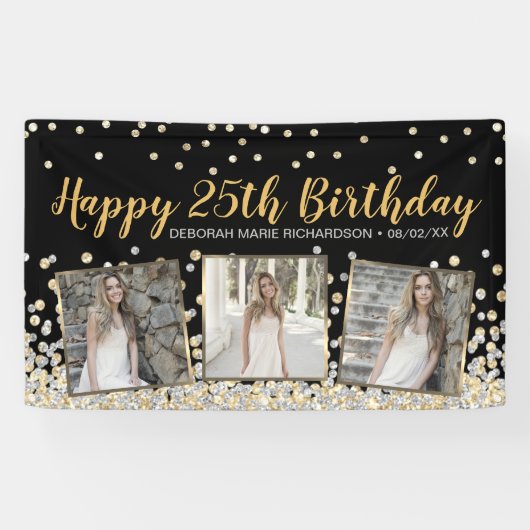 Gold Silver Confetti Photo Collage 25th Birthday Spandoek (Horizontaal)