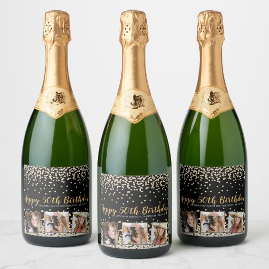Gold Silver Confetti Photo Collage 50e verjaardag Sparkling Wijnetiket (Flessen)