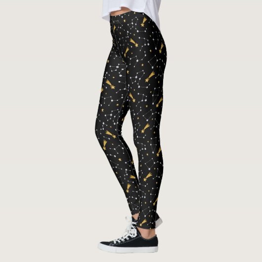 Gold Silver Faux Glitter Constellation Pattern Blk Leggings (Links)