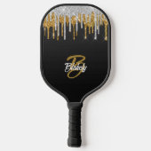 Gold Silver Glitter Drip Monogram op zwart Pickleball Paddle (Achterkant)