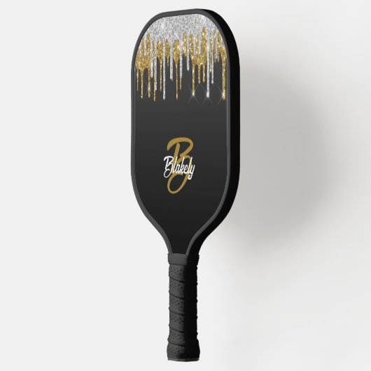 Gold Silver Glitter Drip Monogram op zwart Pickleball Paddle (Links)