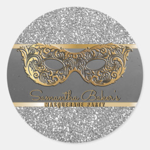 Gold Silver Glitter Masquerade Party Birthday Ronde Sticker