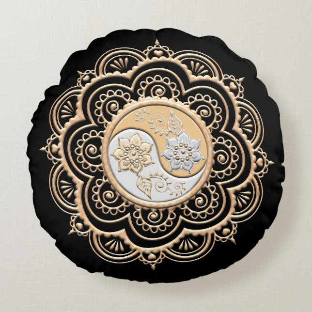 Gold & Silver Mandala Rond Kussen (Voorkant)