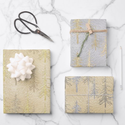 Gold Silver Woodland Scraggly Spruce Pine Trees Inpakpapier Vel (Voorkant)