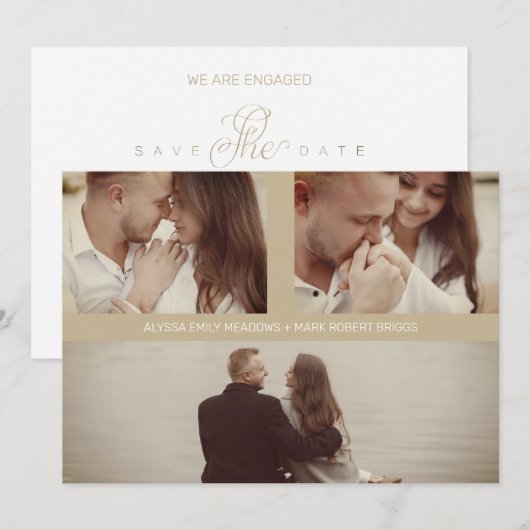 Gold Simple Elegant Three Photos Couple in Loving Save The Date (Voorkant / Achterkant)