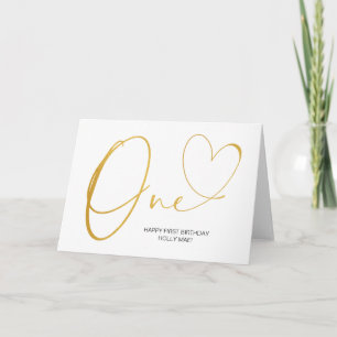 Gold Simple First Birthday One Heart Kaart