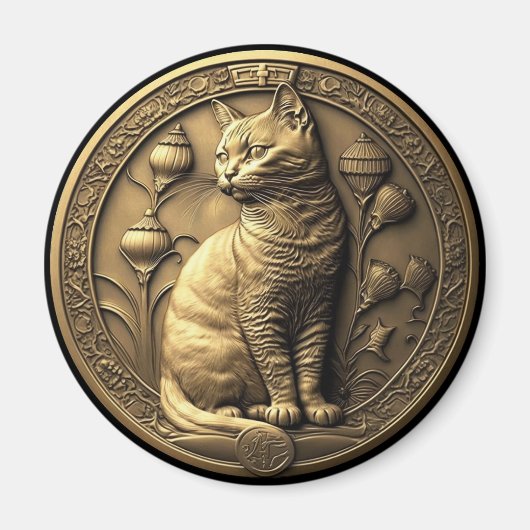 Gold Sitting Cat Medallion Magneet (Voorkant)