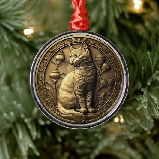 Gold Sitting Cat Medallion Metalen Ornament (Boom)