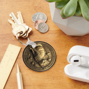 Gold Sitting Cat Medallion Sleutelhanger