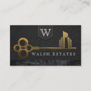 Gold Skeleton Key City Logo   Leder Visitekaartje