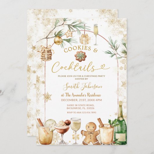 Gold Snowflake Cocktail and cookies party Kaart (Voorkant / Achterkant)