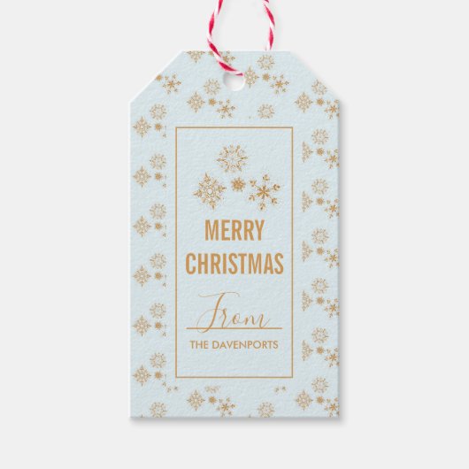 Gold Snowflake Crystals op Frosty Blue - Kerstmis Cadeaulabel (Voorkant)
