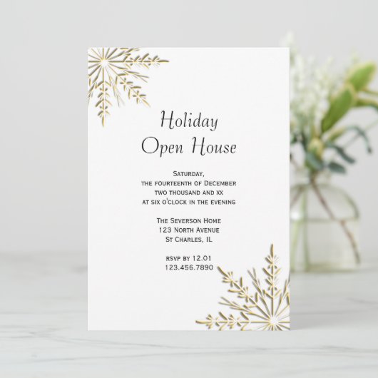 Gold Snowflake Holiday Open House Uitnodiging (Staand voorkant)