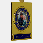 Gold Snowflake op Blauwe Eerste Kerstmis Verguld Banner Ornament (Rechts)