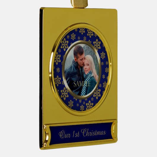 Gold Snowflake op Blauwe Eerste Kerstmis Verguld Banner Ornament (Rechts)