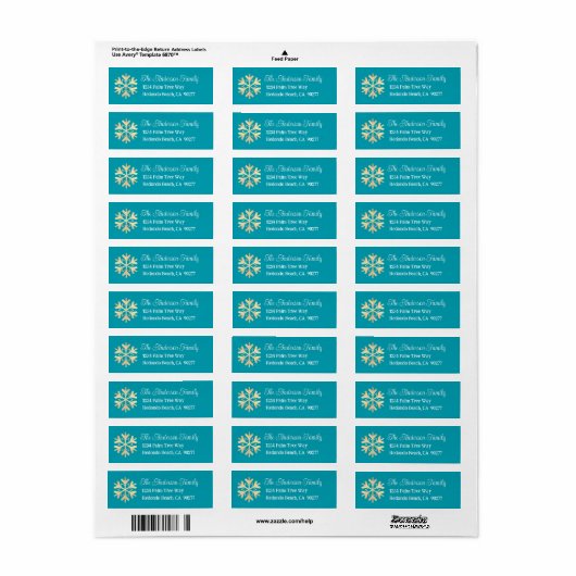 Gold Snowflake Simple Modern Turquoise Address Etiket (Full Sheet)