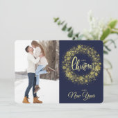 Gold Snowflake Sparkle Two Photo Blue Feestdagenkaart (Staand voorkant)