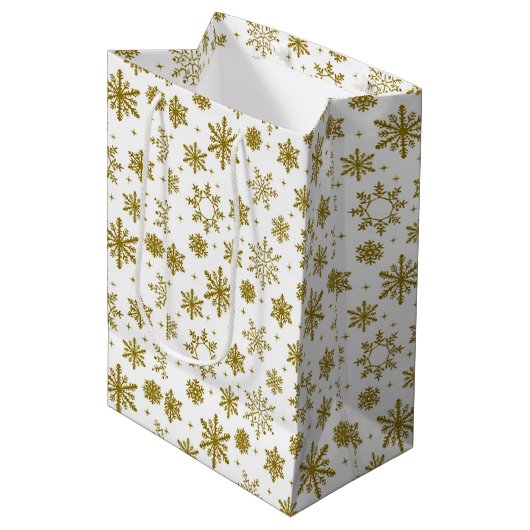 Gold Snowflake White Holiday Elegant Medium Cadeauzakje (Voorkant Gekanteld)