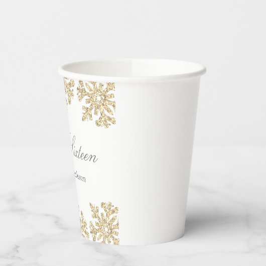 Gold Snowflake Winter Sweet 16 Papieren Bekers (Links)
