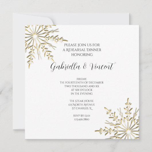 Gold Snowflake Winter Wedding Rehearsal Dinner Kaart (Voorkant)