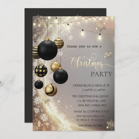 Gold Snowflakes,Black Balls,Lights Christmas  Kaart (Voorkant / Achterkant)