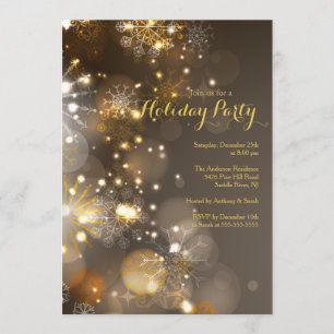 Gold Snowflakes & Bokeh Lights Holiday Uitnodiging