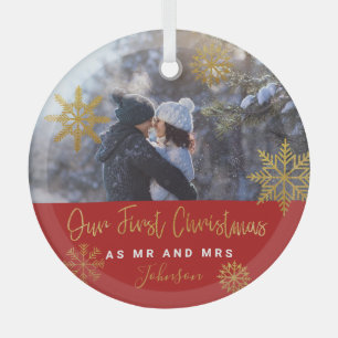 Gold Snowflakes Eerste Kerstmis Mr Mrs Foto Glas Ornament
