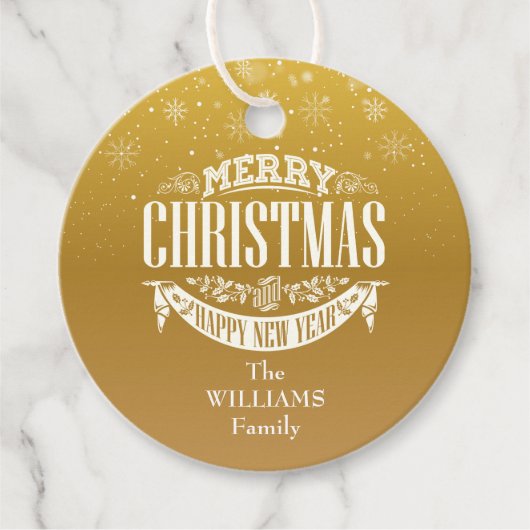 Gold Snowflakes Merry-kerstfoto Bedankjes Labels (Voorkant)