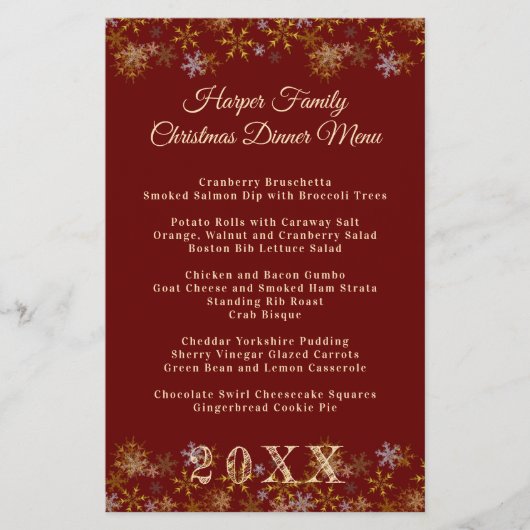 Gold Snowflakes Noël Dîner Menu Modèle (Devant)